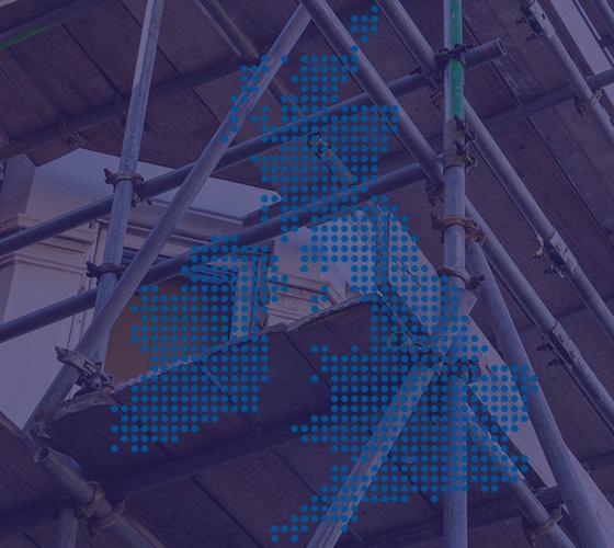scaffolding structure with a blue abstract map of the UK highlighting three regions and construction elements